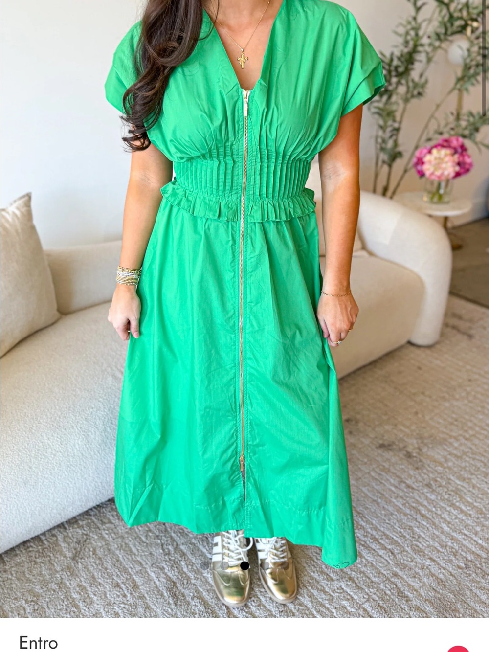 entro Bright Green Zip-Front Maxi Dress with Smocked Waist